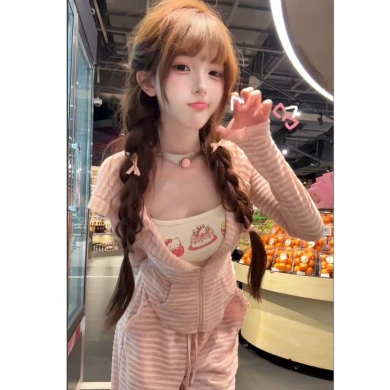 원단 차가운 실크 코튼 리브 1 1 토끼 귀 후드 오픈 가디건 세트 캐주얼 느긋한 투피스 세트 이미지 3