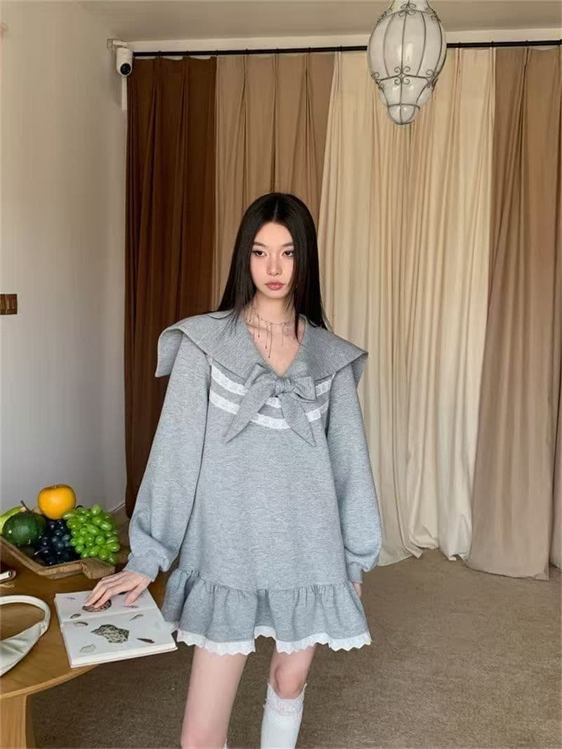 나비 매듭 스트랩 루즈핏 슬림해 보이는 긴팔 드레스 봄 새로운 달콤함 소녀 프릴 후드티 짧은 치마 상세 이미지 1