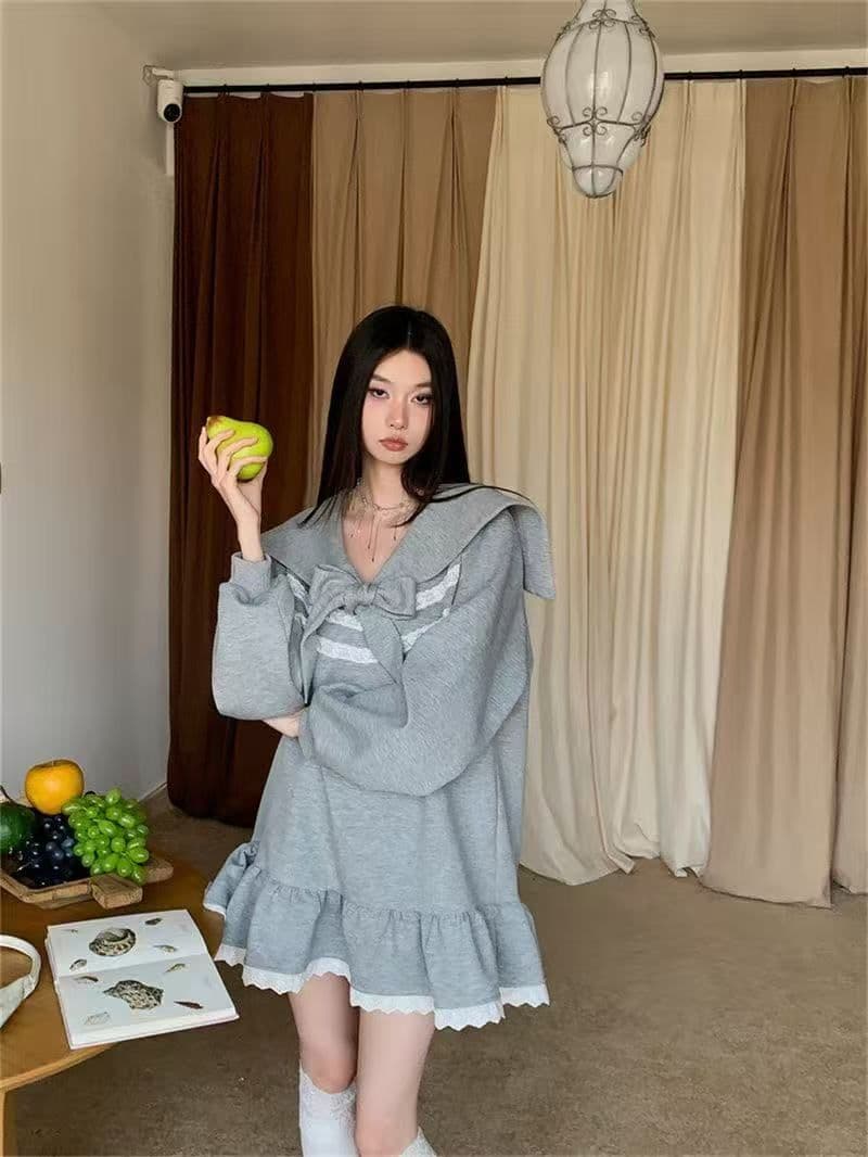 나비 매듭 스트랩 루즈핏 슬림해 보이는 긴팔 드레스 봄 새로운 달콤함 소녀 프릴 후드티 짧은 치마 상세 이미지 2