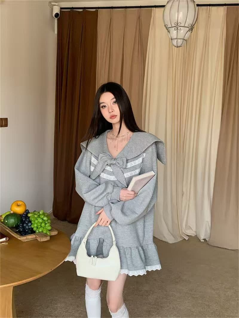 나비 매듭 스트랩 루즈핏 슬림해 보이는 긴팔 드레스 봄 새로운 달콤함 소녀 프릴 후드티 짧은 치마 상세 이미지 4