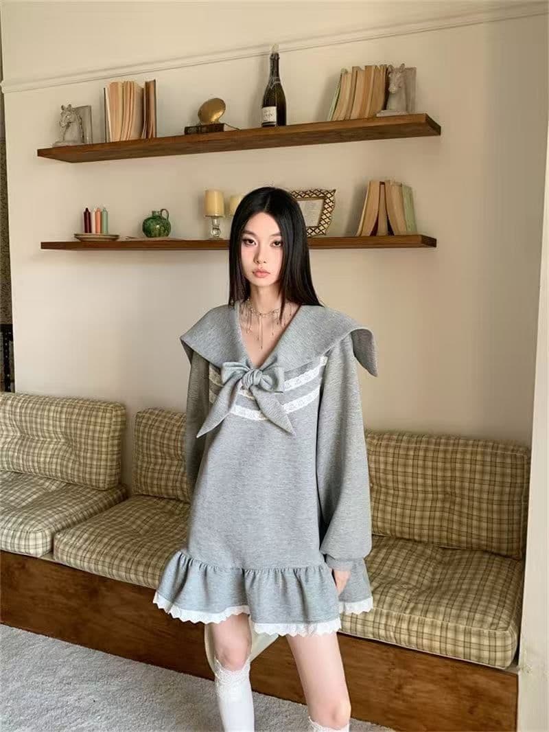 나비 매듭 스트랩 루즈핏 슬림해 보이는 긴팔 드레스 봄 새로운 달콤함 소녀 프릴 후드티 짧은 치마 상세 이미지 5