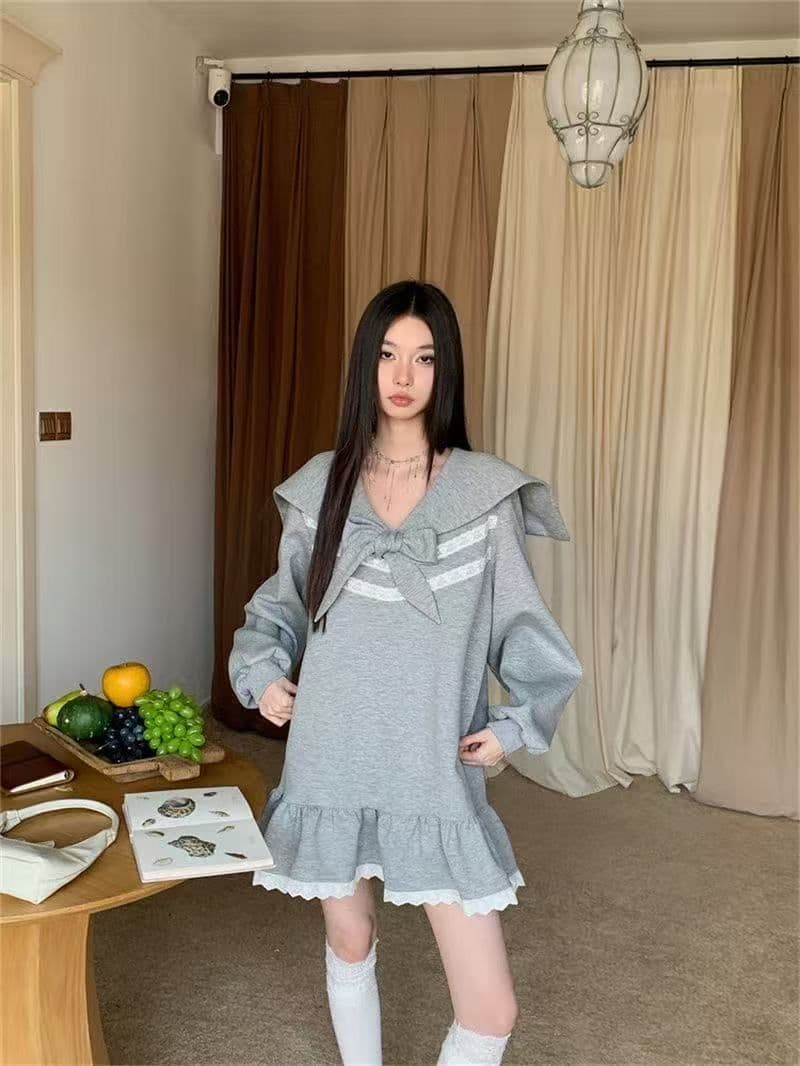 나비 매듭 스트랩 루즈핏 슬림해 보이는 긴팔 드레스 봄 새로운 달콤함 소녀 프릴 후드티 짧은 치마 상세 이미지 8