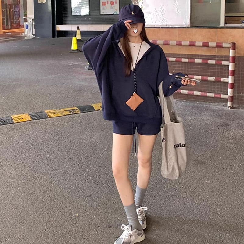 높음 감도 할 수 있 운동 부서 착용 가져 가라. 세트 여성 봄 가을 루즈핏 캐주얼 후드 티 스웨터 캐주얼 반바지 투피스 세트 이미지 3