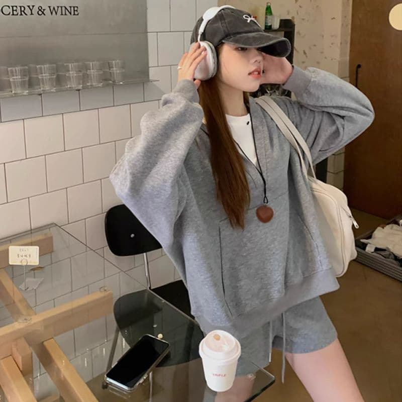 높음 감도 할 수 있 운동 부서 착용 가져 가라. 세트 여성 봄 가을 루즈핏 캐주얼 후드 티 스웨터 캐주얼 반바지 투피스 세트 상세 이미지 3