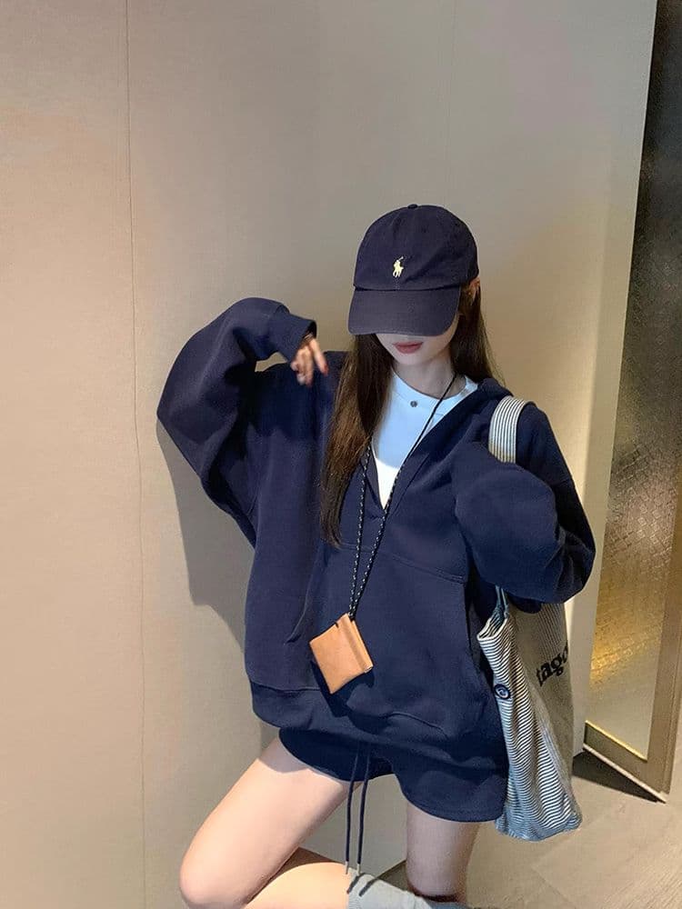 높음 감도 할 수 있 운동 부서 착용 가져 가라. 세트 여성 봄 가을 루즈핏 캐주얼 후드 티 스웨터 캐주얼 반바지 투피스 세트 상세 이미지 7