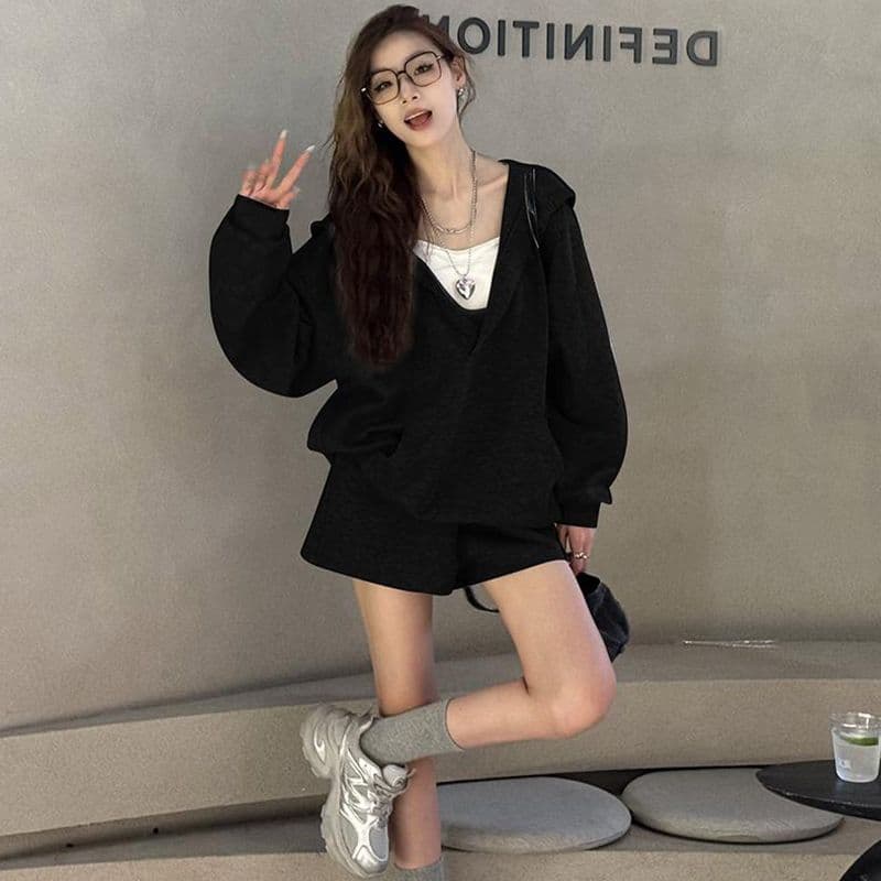 높음 감도 할 수 있 운동 부서 착용 가져 가라. 세트 여성 봄 가을 루즈핏 캐주얼 후드 티 스웨터 캐주얼 반바지 투피스 세트 상세 이미지 8