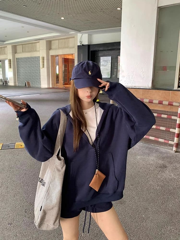 높음 감도 할 수 있 운동 부서 착용 가져 가라. 세트 여성 봄 가을 루즈핏 캐주얼 후드 티 스웨터 캐주얼 반바지 투피스 세트 상세 이미지 21