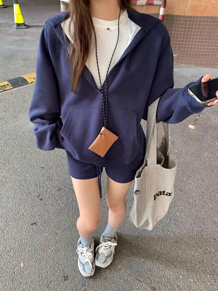 높음 감도 할 수 있 운동 부서 착용 가져 가라. 세트 여성 봄 가을 루즈핏 캐주얼 후드 티 스웨터 캐주얼 반바지 투피스 세트 상세 이미지 22