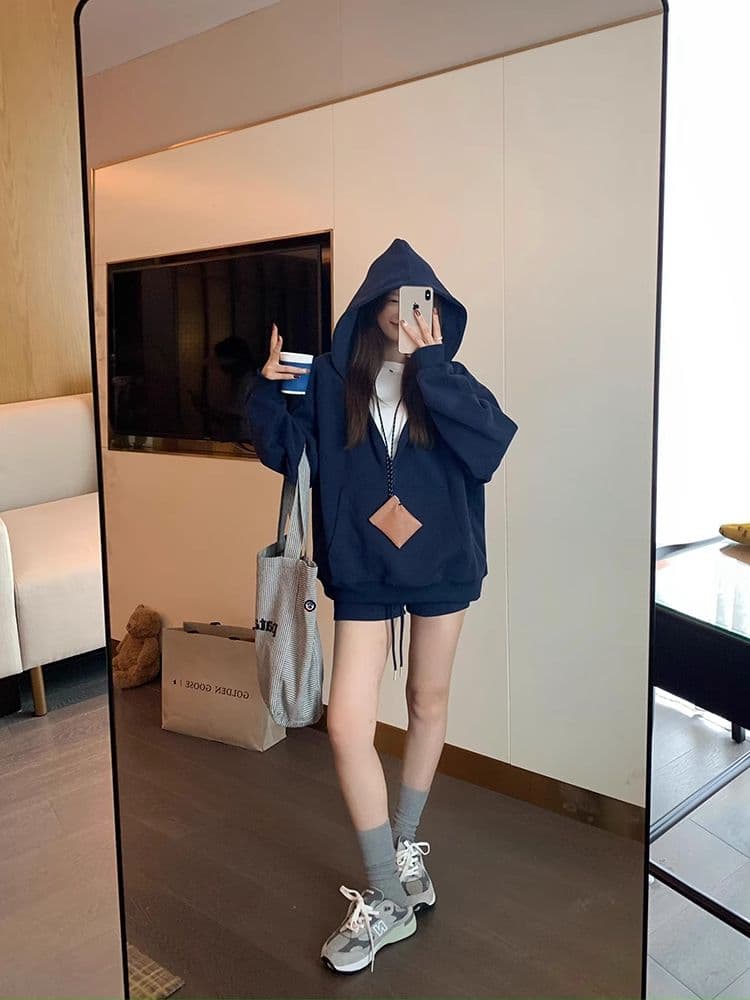 높음 감도 할 수 있 운동 부서 착용 가져 가라. 세트 여성 봄 가을 루즈핏 캐주얼 후드 티 스웨터 캐주얼 반바지 투피스 세트 상세 이미지 24