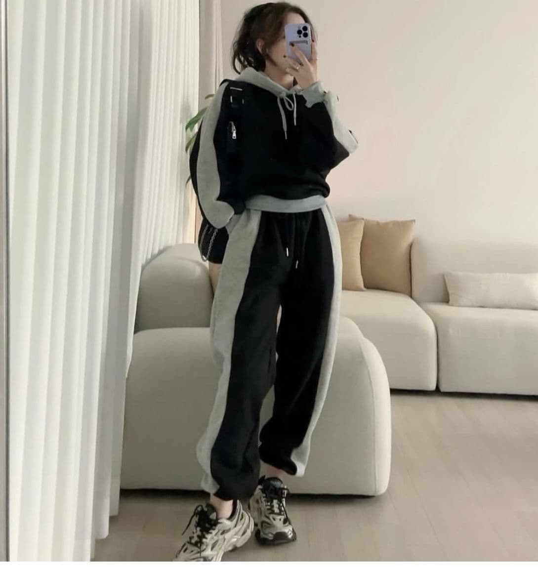 한국 chic 가을 겨울 품격 루즈핏 배색 긴팔 털이 있는 후드 티 스웨터 하이웨이스트 캐주얼 바지 긴 바지 세트 이미지 3