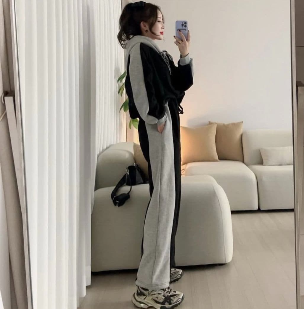 한국 chic 가을 겨울 품격 루즈핏 배색 긴팔 털이 있는 후드 티 스웨터 하이웨이스트 캐주얼 바지 긴 바지 세트 상세 이미지 2