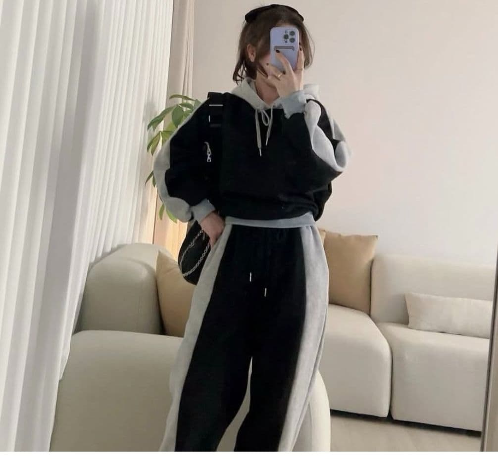 한국 chic 가을 겨울 품격 루즈핏 배색 긴팔 털이 있는 후드 티 스웨터 하이웨이스트 캐주얼 바지 긴 바지 세트 상세 이미지 4