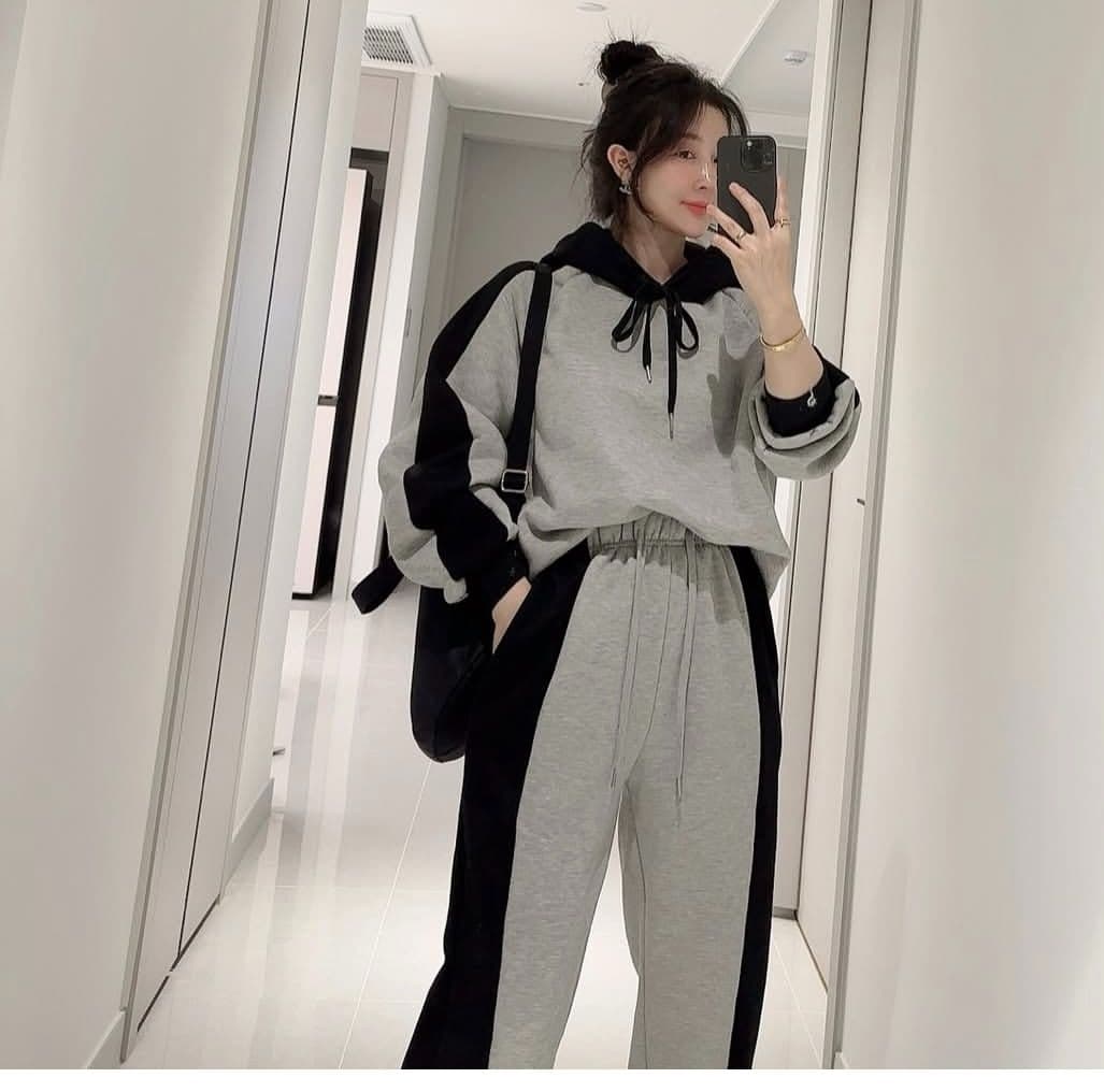 한국 chic 가을 겨울 품격 루즈핏 배색 긴팔 털이 있는 후드 티 스웨터 하이웨이스트 캐주얼 바지 긴 바지 세트 상세 이미지 11