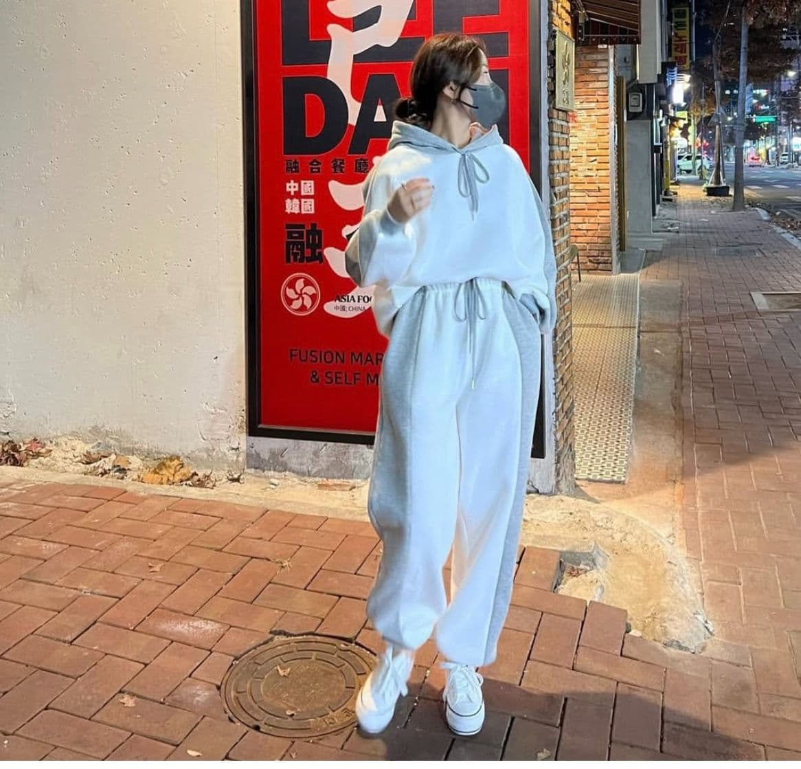 한국 chic 가을 겨울 품격 루즈핏 배색 긴팔 털이 있는 후드 티 스웨터 하이웨이스트 캐주얼 바지 긴 바지 세트 상세 이미지 15