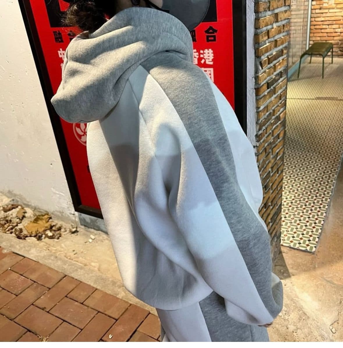한국 chic 가을 겨울 품격 루즈핏 배색 긴팔 털이 있는 후드 티 스웨터 하이웨이스트 캐주얼 바지 긴 바지 세트 상세 이미지 16