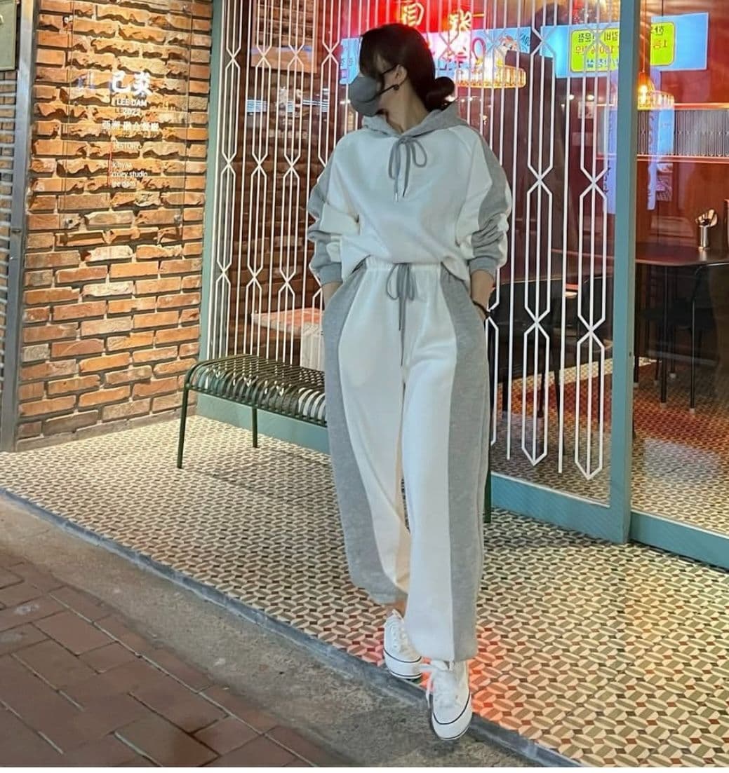 한국 chic 가을 겨울 품격 루즈핏 배색 긴팔 털이 있는 후드 티 스웨터 하이웨이스트 캐주얼 바지 긴 바지 세트 상세 이미지 17