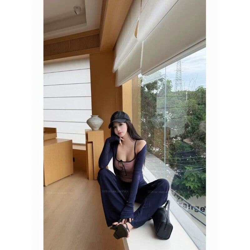 모달 와 사고 방식 해군 긴팔 오픈 가디건 인사이드 가져 가라. 캐미솔 가을 착용 가져 가라. 세트 투피스 세트 이미지 3