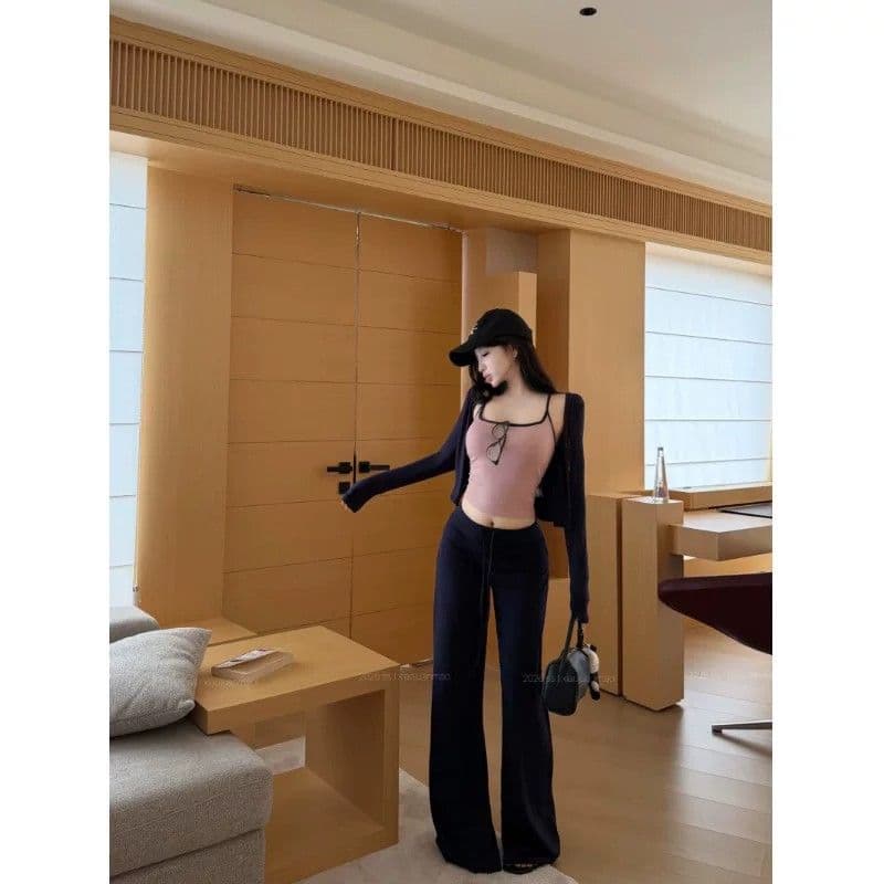 모달 와 사고 방식 해군 긴팔 오픈 가디건 인사이드 가져 가라. 캐미솔 가을 착용 가져 가라. 세트 투피스 세트 이미지 4
