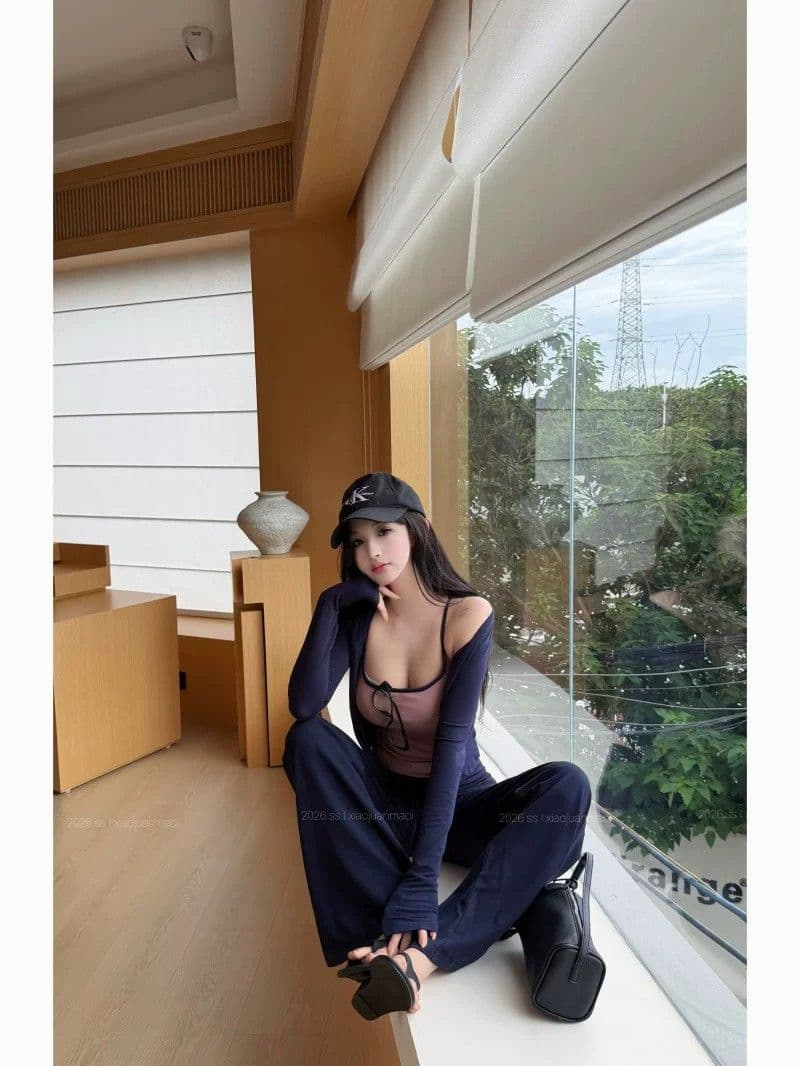 모달 와 사고 방식 해군 긴팔 오픈 가디건 인사이드 가져 가라. 캐미솔 가을 착용 가져 가라. 세트 투피스 세트 상세 이미지 5