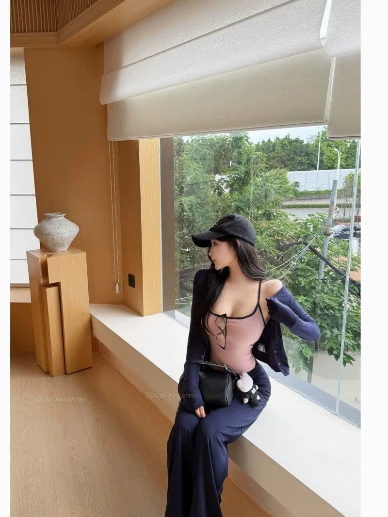 모달 와 사고 방식 해군 긴팔 오픈 가디건 인사이드 가져 가라. 캐미솔 가을 착용 가져 가라. 세트 투피스 세트 상세 이미지 16