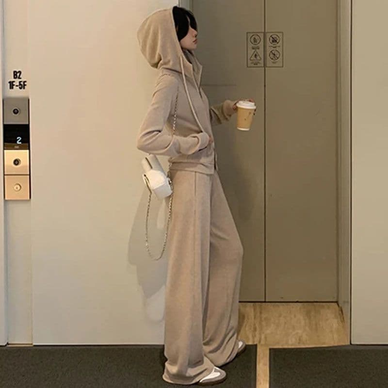 캐주얼 긴 바지 봄 가을 2026 단색 후드 달콤한 차가운 바람 오픈 가디건 긴팔 후드티 투피스 세트 이미지 2