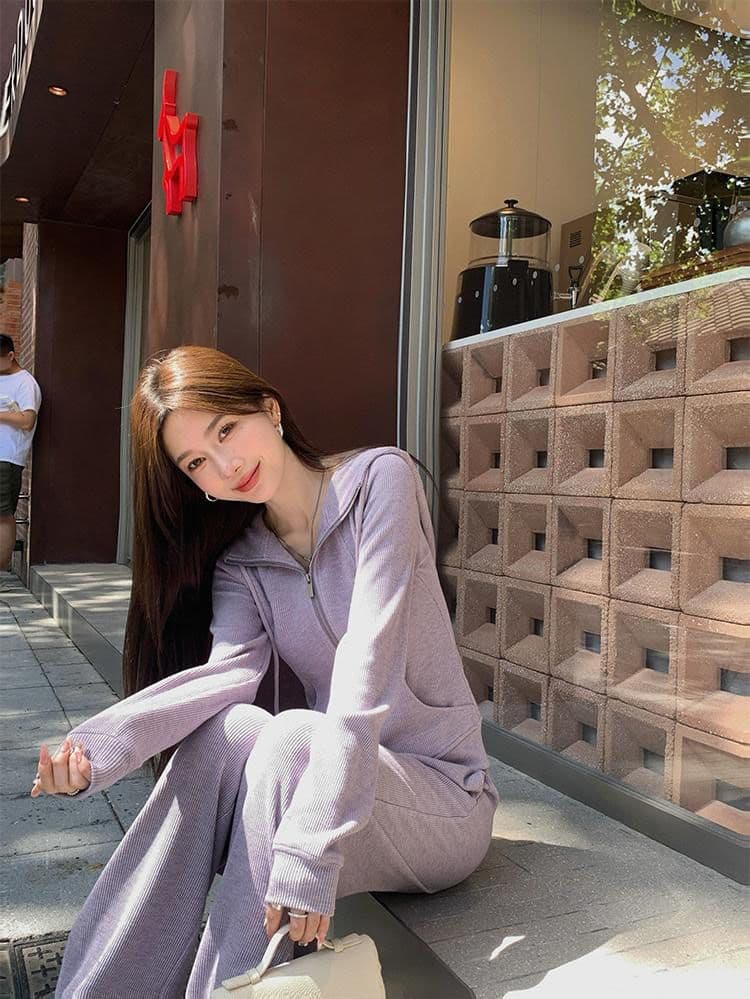 캐주얼 긴 바지 봄 가을 2026 단색 후드 달콤한 차가운 바람 오픈 가디건 긴팔 후드티 투피스 세트 상세 이미지 3