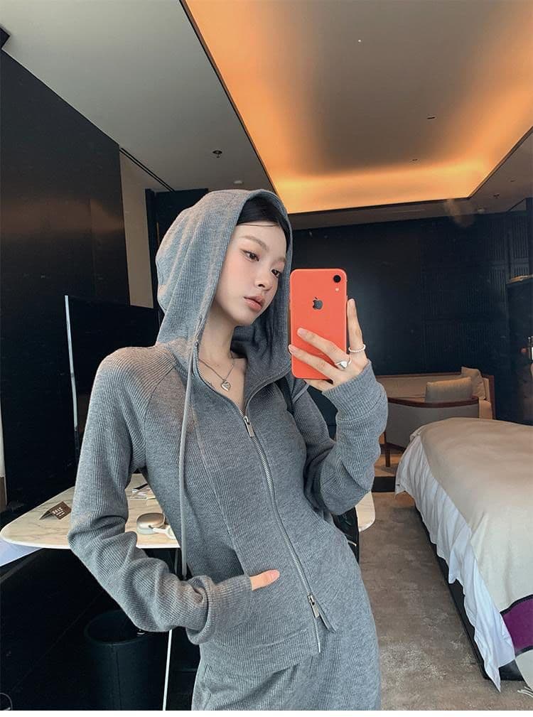캐주얼 긴 바지 봄 가을 2026 단색 후드 달콤한 차가운 바람 오픈 가디건 긴팔 후드티 투피스 세트 상세 이미지 4
