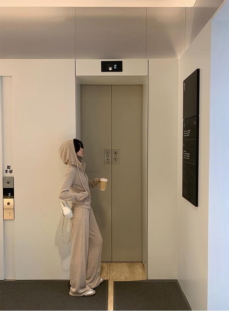 캐주얼 긴 바지 봄 가을 2026 단색 후드 달콤한 차가운 바람 오픈 가디건 긴팔 후드티 투피스 세트 상세 이미지 5