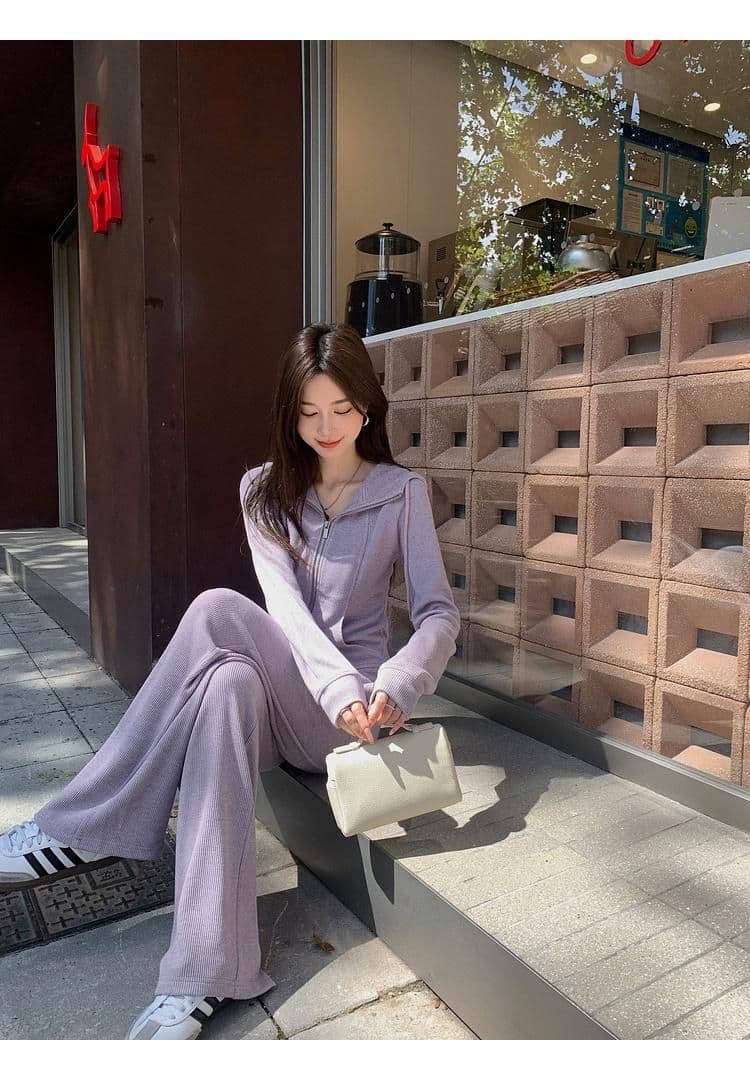 캐주얼 긴 바지 봄 가을 2026 단색 후드 달콤한 차가운 바람 오픈 가디건 긴팔 후드티 투피스 세트 상세 이미지 7