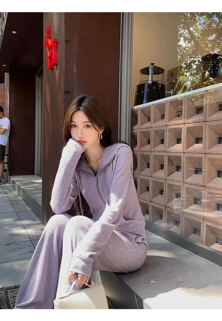 캐주얼 긴 바지 봄 가을 2026 단색 후드 달콤한 차가운 바람 오픈 가디건 긴팔 후드티 투피스 세트 상세 이미지 8