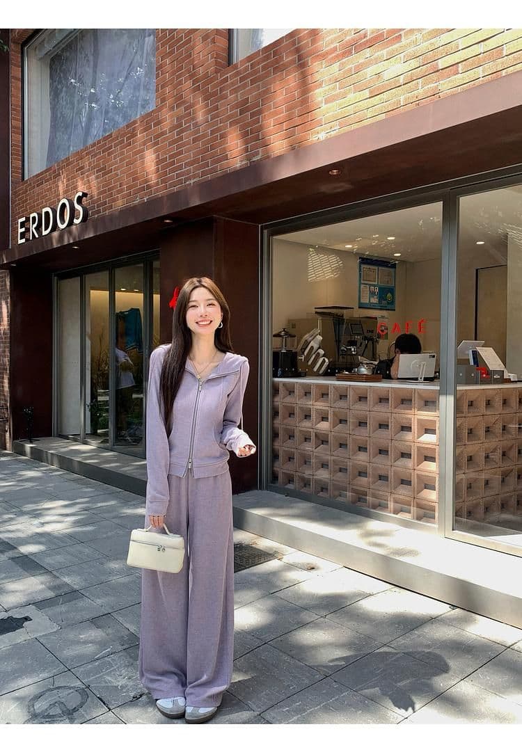 캐주얼 긴 바지 봄 가을 2026 단색 후드 달콤한 차가운 바람 오픈 가디건 긴팔 후드티 투피스 세트 상세 이미지 9
