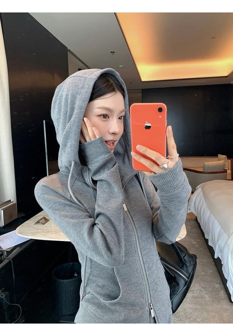 캐주얼 긴 바지 봄 가을 2026 단색 후드 달콤한 차가운 바람 오픈 가디건 긴팔 후드티 투피스 세트 상세 이미지 10