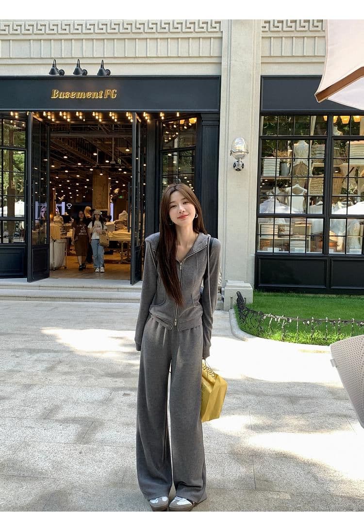 캐주얼 긴 바지 봄 가을 2026 단색 후드 달콤한 차가운 바람 오픈 가디건 긴팔 후드티 투피스 세트 상세 이미지 12