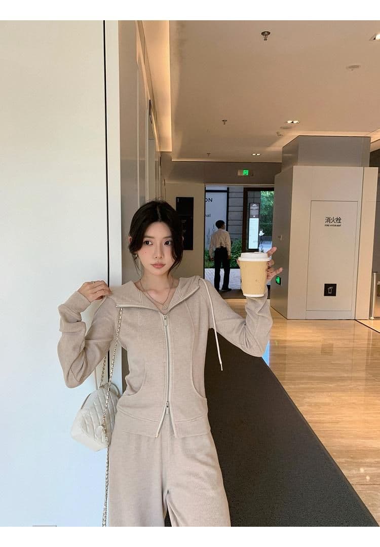 캐주얼 긴 바지 봄 가을 2026 단색 후드 달콤한 차가운 바람 오픈 가디건 긴팔 후드티 투피스 세트 상세 이미지 13