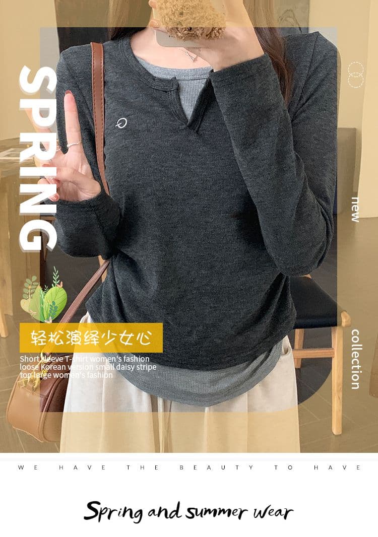 빅 사이즈 페이크 레이어드 패치워크 인사이드 가져 가라. 긴팔 티셔츠 여성 2026 가을 새로운 디자인 센스 주름 캐주얼 상세 이미지 1