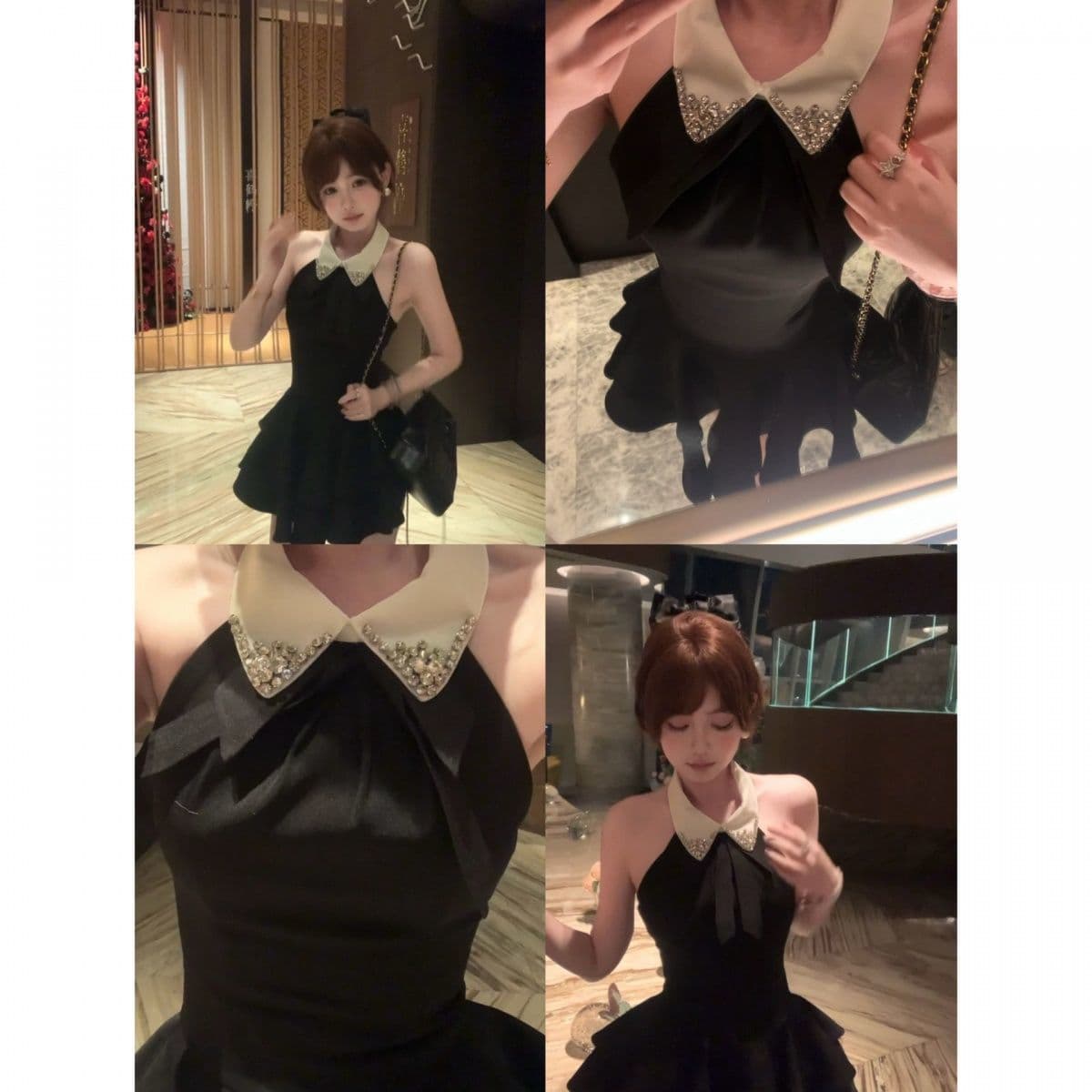프랑스식 품격 나비 매듭 몸매 가꾸기 행침 목 민소매 여성 드레스 여름 패션 천 금빛 바람 퍼프 미니 스커트 ins 이미지 4