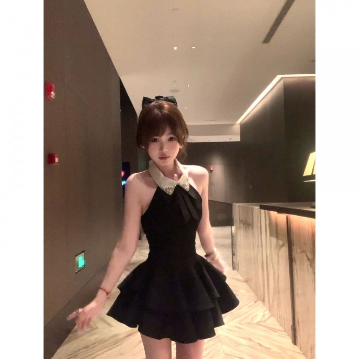 프랑스식 품격 나비 매듭 몸매 가꾸기 행침 목 민소매 여성 드레스 여름 패션 천 금빛 바람 퍼프 미니 스커트 ins 상세 이미지 1
