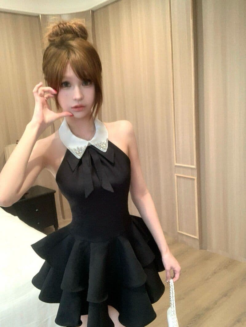 프랑스식 품격 나비 매듭 몸매 가꾸기 행침 목 민소매 여성 드레스 여름 패션 천 금빛 바람 퍼프 미니 스커트 ins 상세 이미지 7