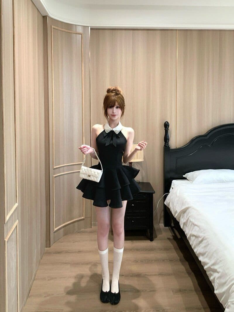 프랑스식 품격 나비 매듭 몸매 가꾸기 행침 목 민소매 여성 드레스 여름 패션 천 금빛 바람 퍼프 미니 스커트 ins 상세 이미지 8
