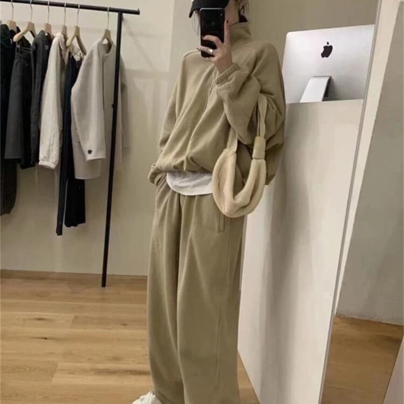 패션 트렌드 세트 여성 봄 가을 캐주얼 루즈핏 운동 작은 키 품격 스탠드 칼라 후드티 웨이 바지 투피스 세트 이미지 5