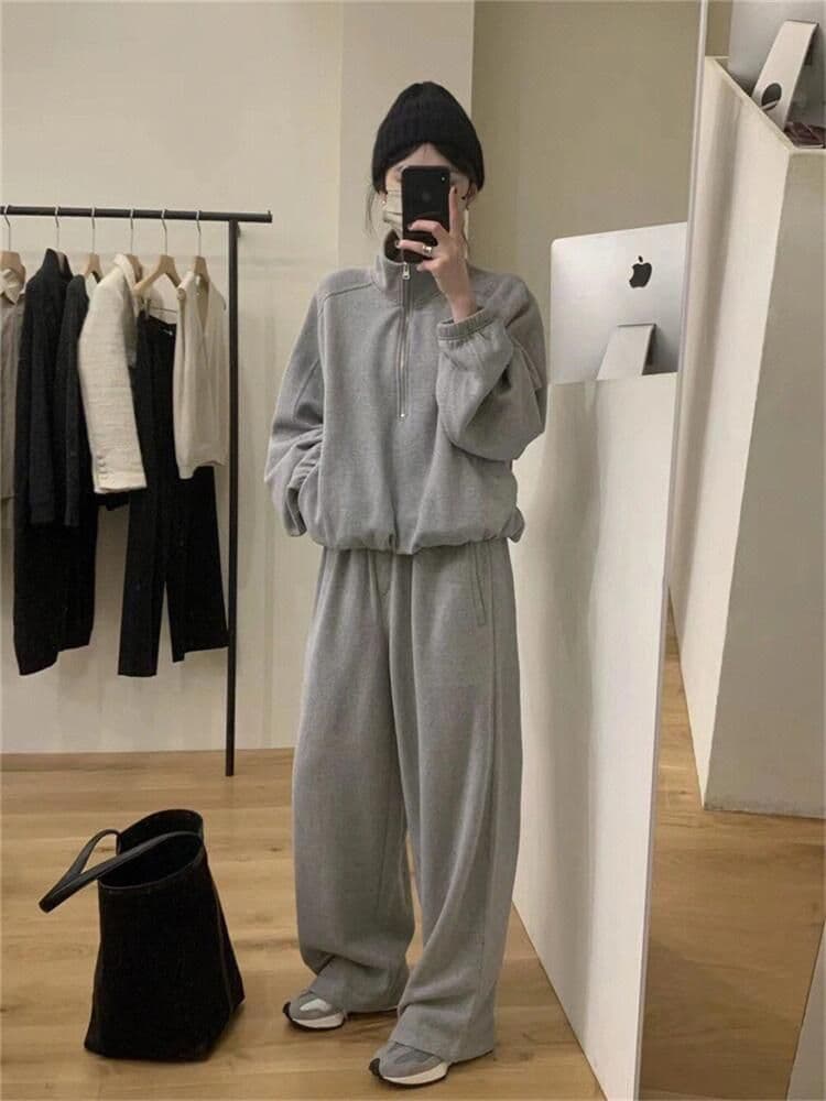 패션 트렌드 세트 여성 봄 가을 캐주얼 루즈핏 운동 작은 키 품격 스탠드 칼라 후드티 웨이 바지 투피스 세트 상세 이미지 7