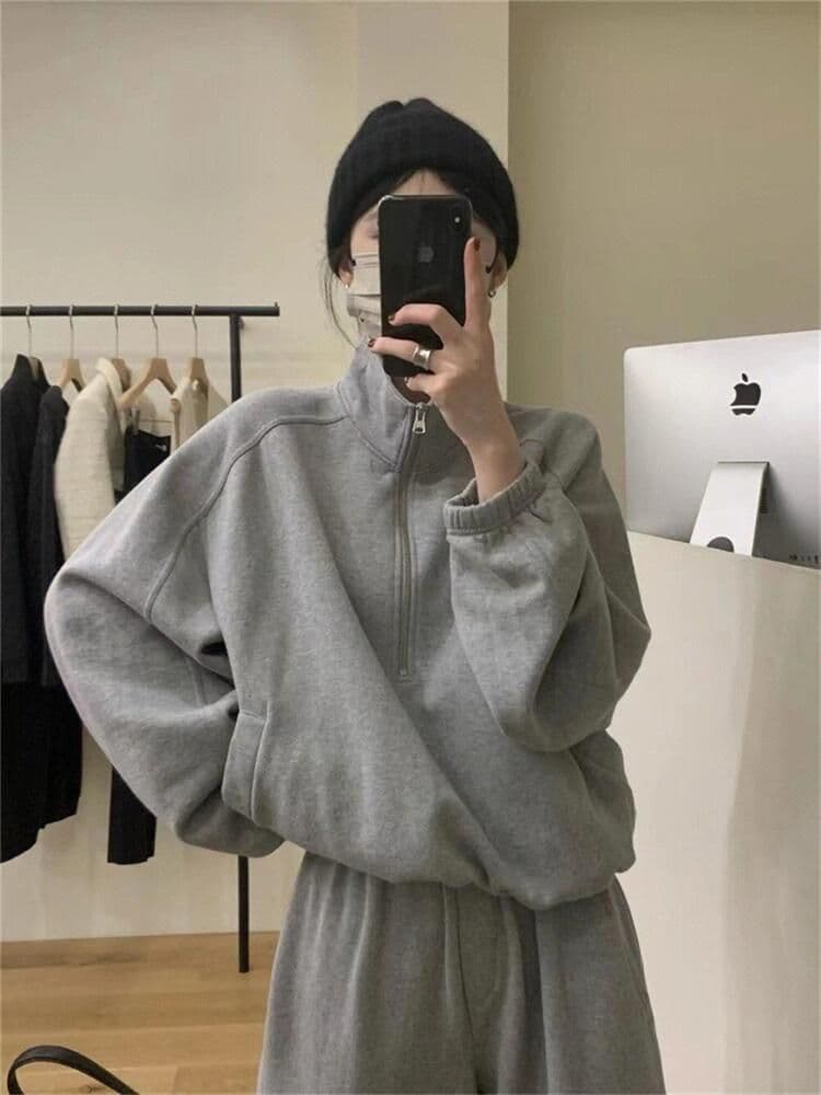 패션 트렌드 세트 여성 봄 가을 캐주얼 루즈핏 운동 작은 키 품격 스탠드 칼라 후드티 웨이 바지 투피스 세트 상세 이미지 9