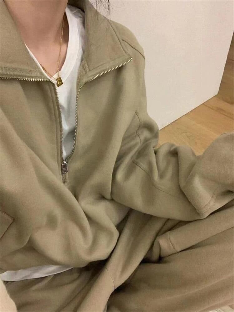 패션 트렌드 세트 여성 봄 가을 캐주얼 루즈핏 운동 작은 키 품격 스탠드 칼라 후드티 웨이 바지 투피스 세트 상세 이미지 10