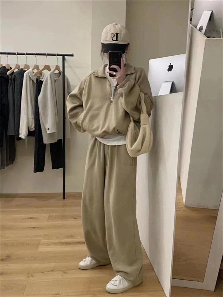 패션 트렌드 세트 여성 봄 가을 캐주얼 루즈핏 운동 작은 키 품격 스탠드 칼라 후드티 웨이 바지 투피스 세트 상세 이미지 11