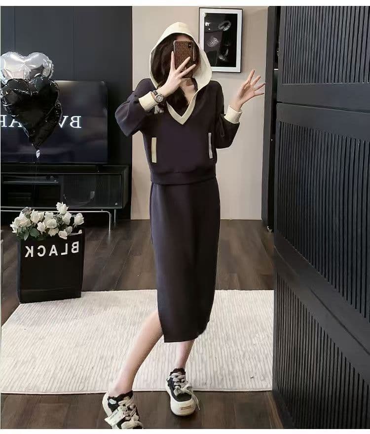 가을 겨울 캐주얼 품격 세트 드레스 V넥 패션 슬림해 보이는 몸매 가꾸기 운동 패치워크 투피스 세트 긴팔 트임 상세 이미지 9