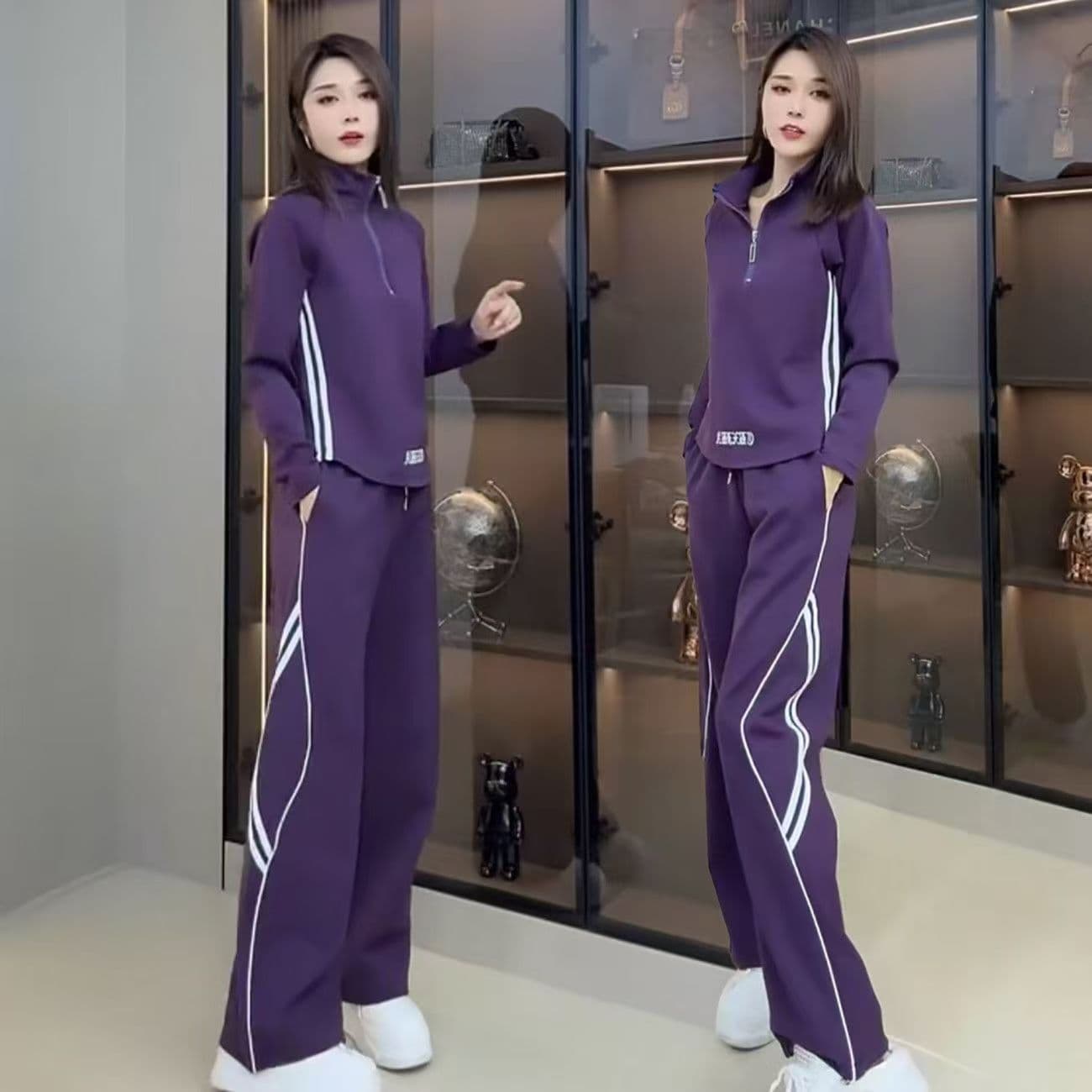 캐주얼 세트 2026 가을 새로운 패션 스탠드 칼라 지퍼 외국 가스 맨위 연령 감소 슬림해 보이는 와이드 레그 팬츠 투피스 세트 상세 이미지 10