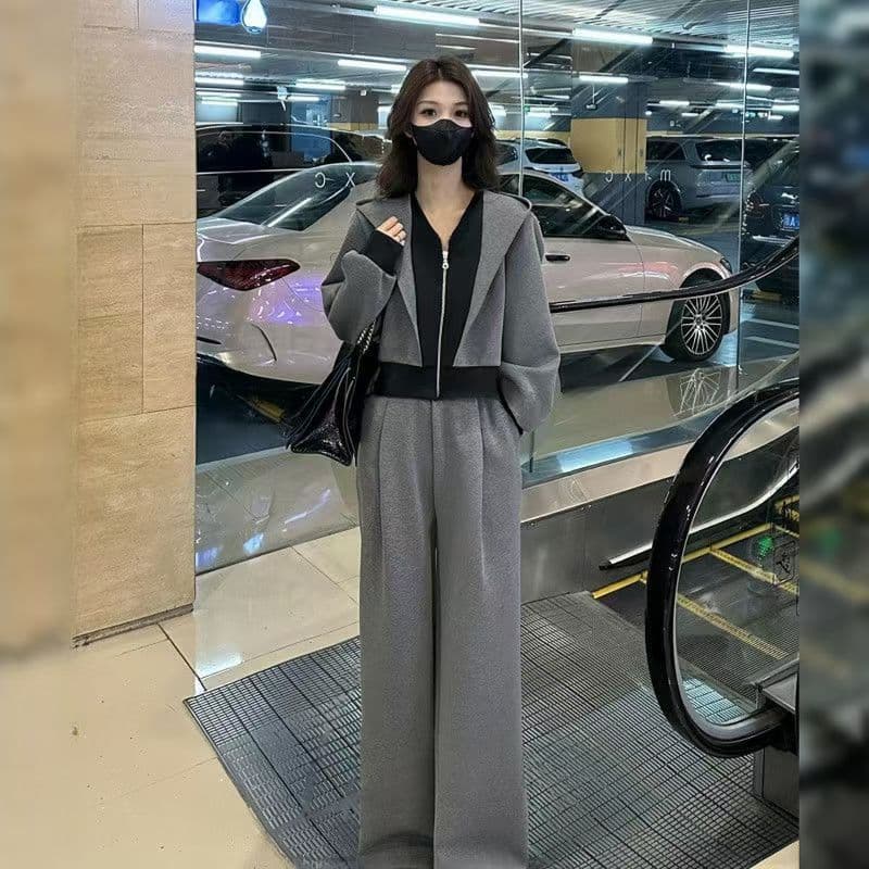캐주얼 스포츠 슈트 여성 2026 봄 가을 새로운 슬림해 보이는 외국 가스 페이크 레이어드 맨위 하이웨이스트 와이드 레그 팬츠 투피스 세트 이미지 4