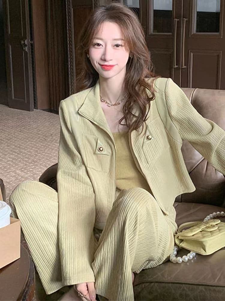 캐주얼 스포츠 슈트 여성 2026 봄 가을 새로운 슬림해 보이는 외국 가스 페이크 레이어드 맨위 하이웨이스트 와이드 레그 팬츠 투피스 세트 상세 이미지 7