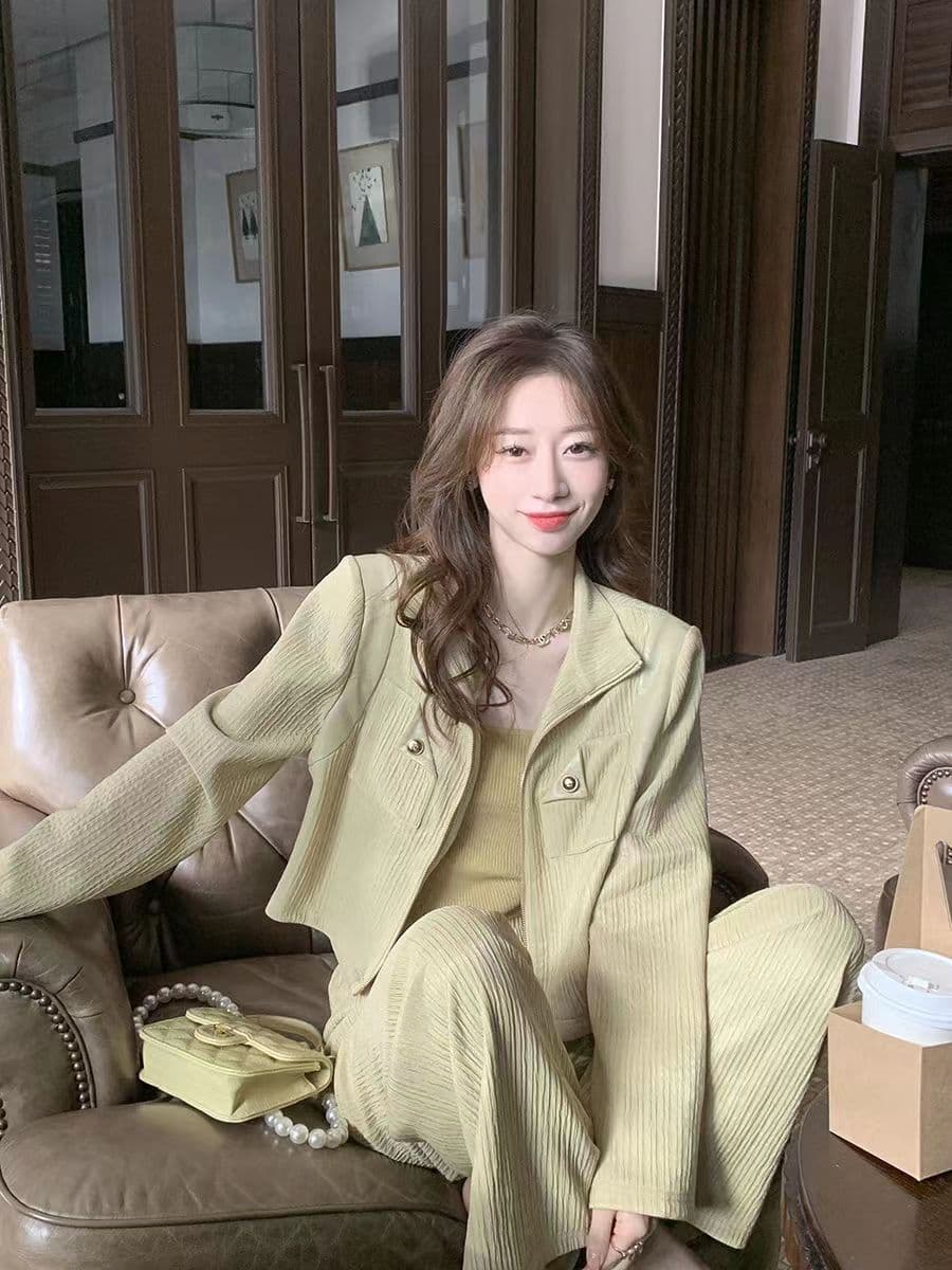 캐주얼 스포츠 슈트 여성 2026 봄 가을 새로운 슬림해 보이는 외국 가스 페이크 레이어드 맨위 하이웨이스트 와이드 레그 팬츠 투피스 세트 상세 이미지 8