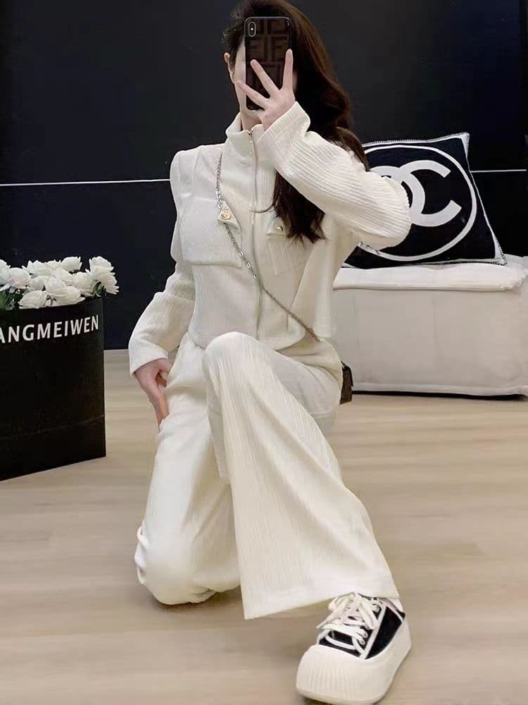 캐주얼 스포츠 슈트 여성 2026 봄 가을 새로운 슬림해 보이는 외국 가스 페이크 레이어드 맨위 하이웨이스트 와이드 레그 팬츠 투피스 세트 상세 이미지 13
